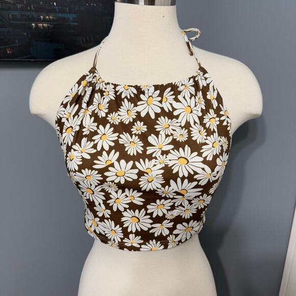 ASOS Bershka halterneck daisy crop top, brown, M - Picture 1 of 8